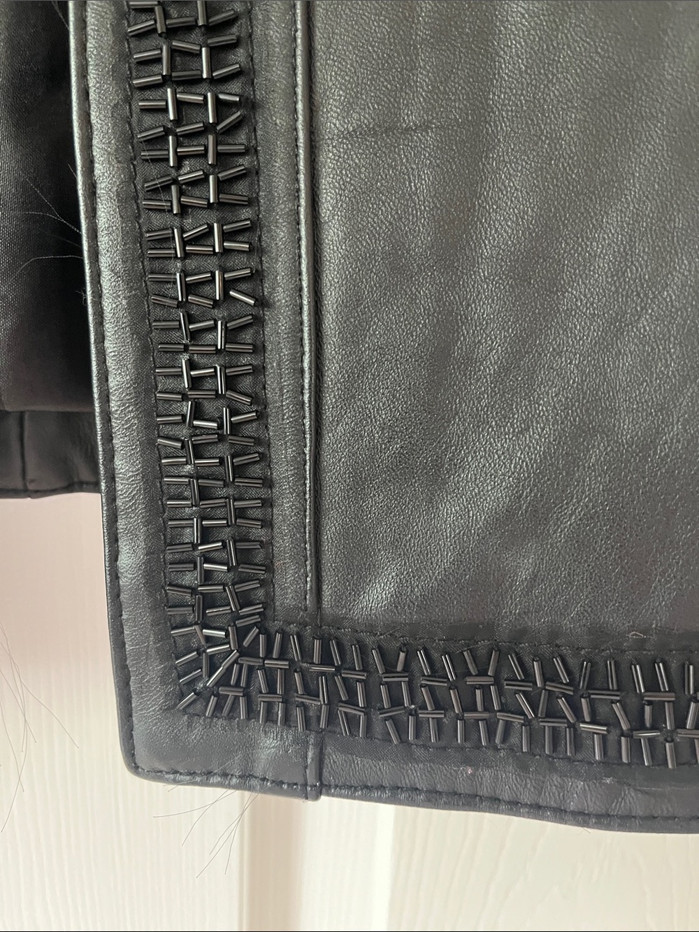 Chico's Black Leather Collarless Beaded Trim Jacket - Picture 4 of 5